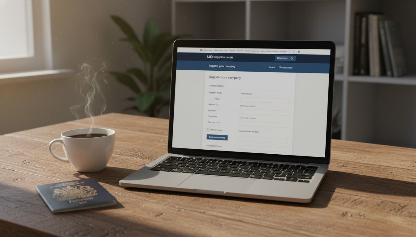 A photorealistic close-up shot of a modern laptop on a wooden desk, displaying the UK Companies House website registration page. Beside the laptop, there is a cup of coffee and a passport, symbolizing international business. The lighting is warm and natural, suggesting a comfortable home office environment.