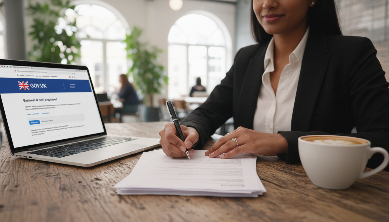 A photorealistic close-up shot of a diverse expat entrepreneur signing business documents on a rustic wooden desk in a bright, modern coffee shop in London, with a laptop open showing a UK government website and a cup of coffee nearby, soft focus background.