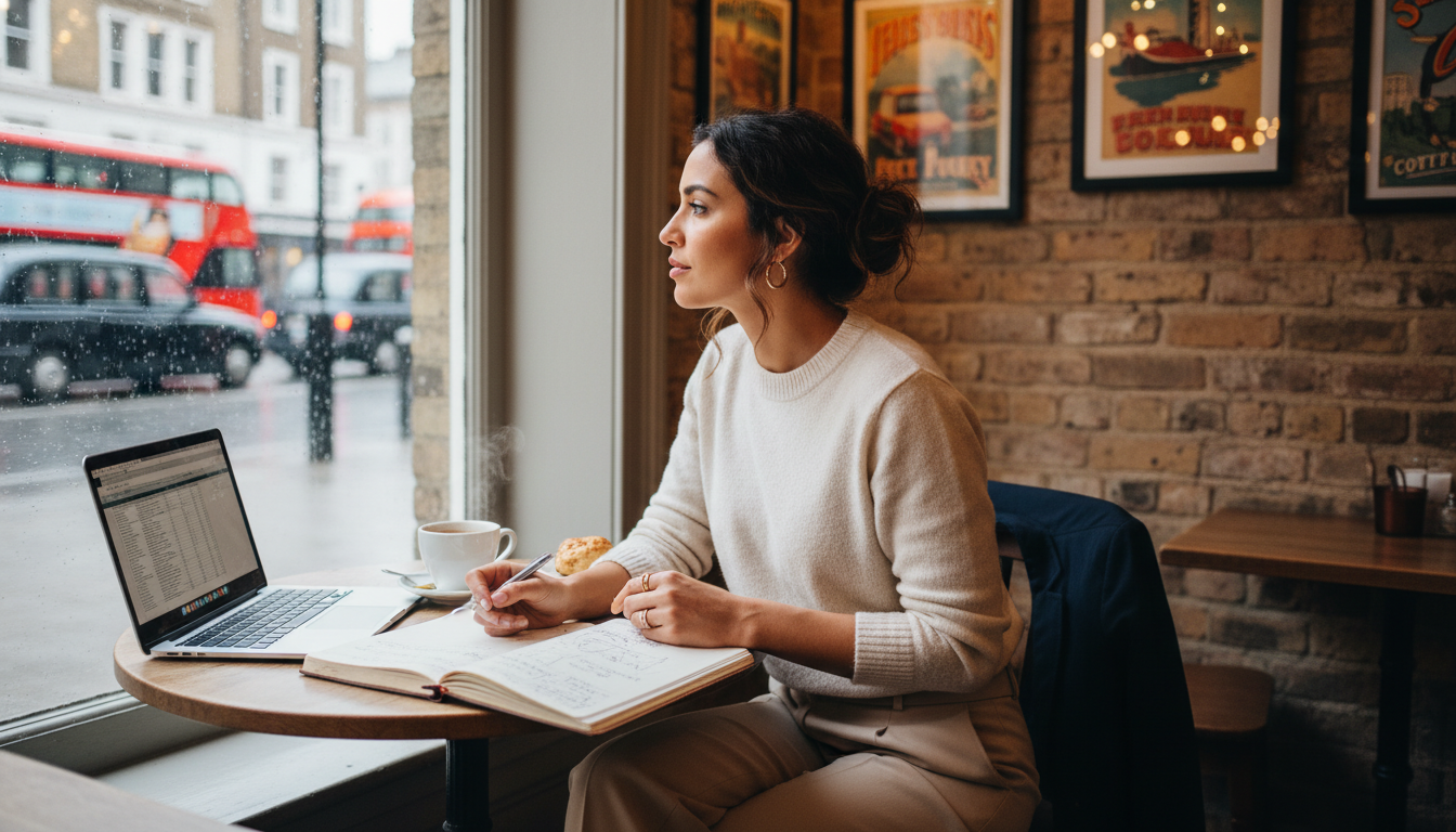 A photorealistic, high-resolution image of a stylish expat entrepreneur sitting in a cozy, brick-walled London cafe, looking thoughtful while sketching a business plan in a notebook with a laptop open next to a cup of tea, natural lighting coming from a window with a rainy street view outside