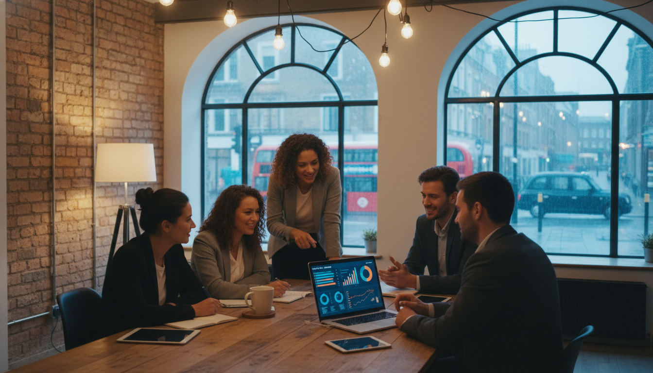 A photorealistic image of a diverse group of young entrepreneurs collaborating in a modern, exposed-brick co-working space in London. There is a laptop open showing graphs, a cup of tea on the table, and a view of a rainy UK street through a large window in the background. Lighting is warm and inviting.