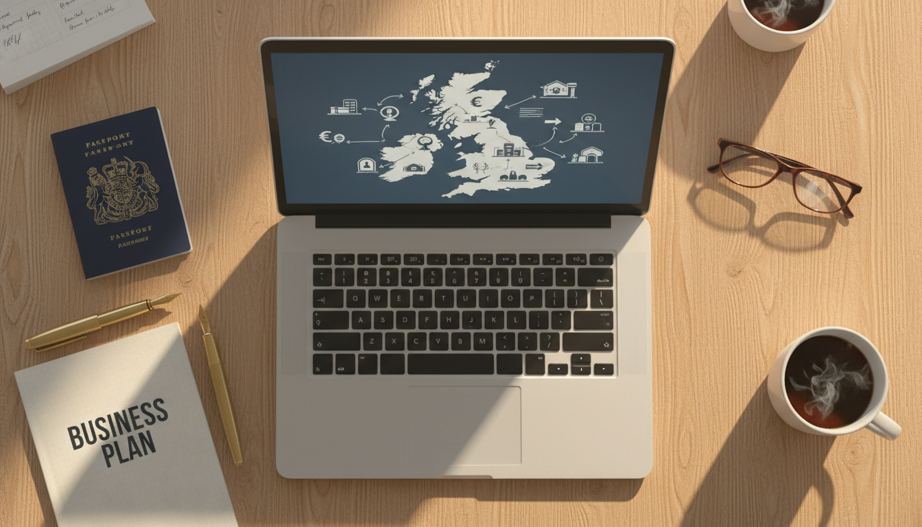 A high-quality, photorealistic flat-lay of a modern wooden desk featuring a laptop displaying a digital map of the UK with business icons, a passport, a fountain pen, and a notebook titled 'Business Plan', bathed in warm natural sunlight.