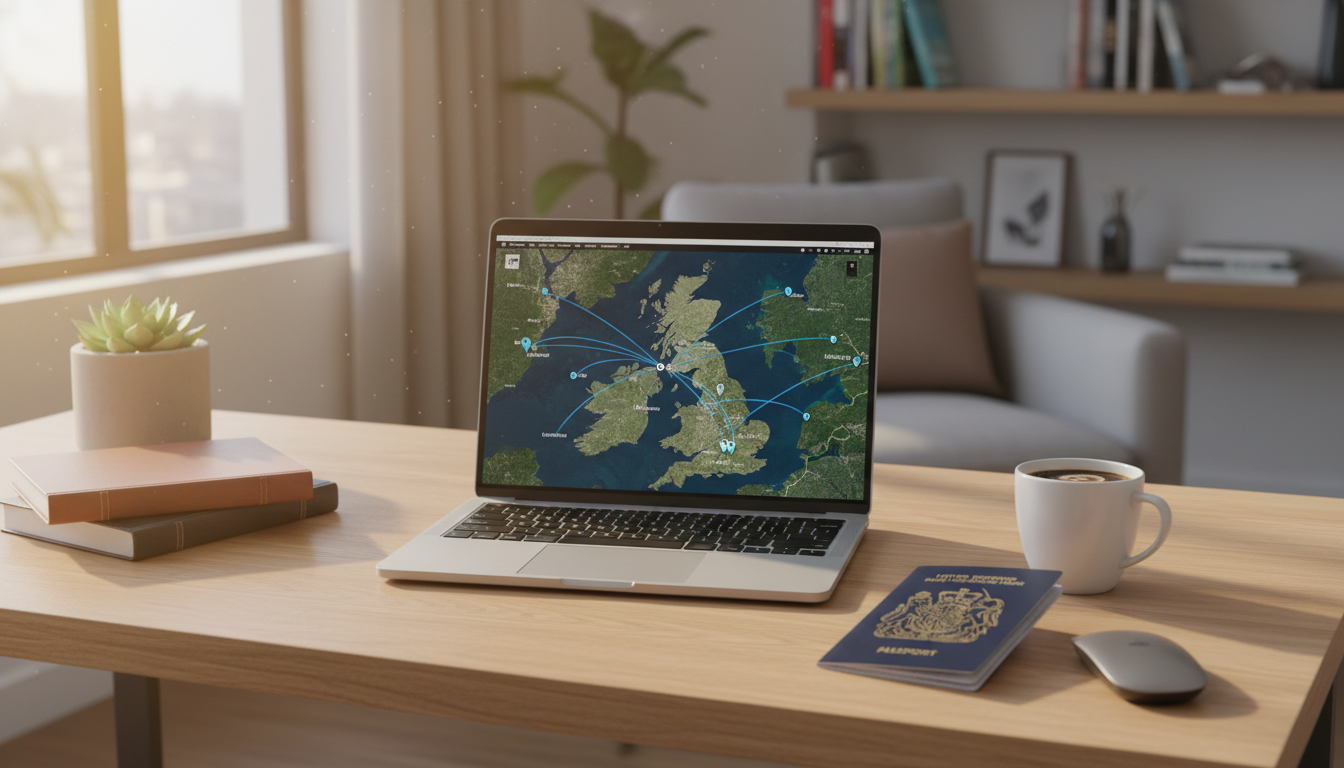 A photorealistic, high-quality image of a modern, tidy home office desk with a laptop open showing a digital map of the United Kingdom, a passport lying next to it, and a cup of coffee, bathed in warm natural sunlight.