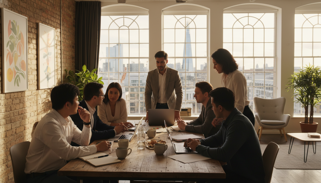A photorealistic image of a modern, diverse team of young entrepreneurs working collaboratively in a stylish, brick-walled London co-working space with large windows overlooking the city skyline, sunlight streaming in, laptops and coffee cups on the table.