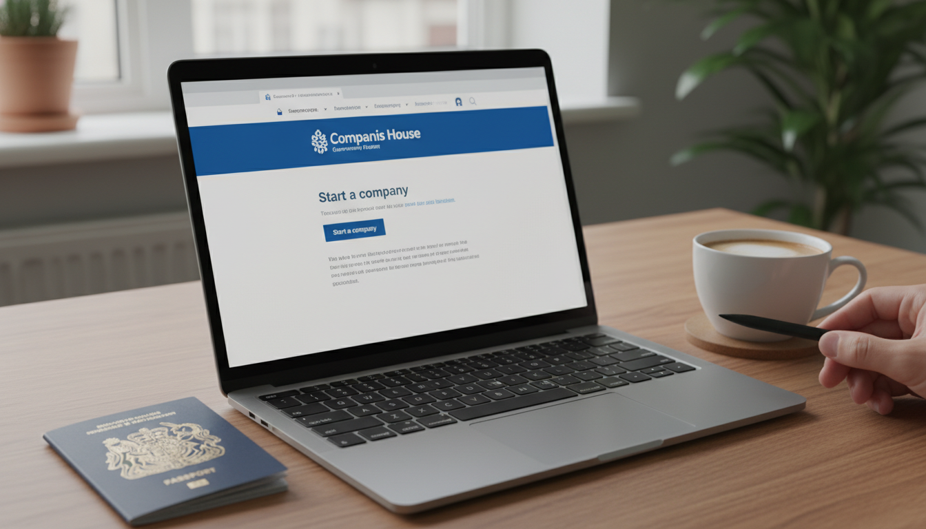 A close-up, photorealistic shot of a modern desk with a laptop displaying the UK Companies House website, a passport, and a cup of coffee, symbolizing an expat starting a digital registration process.