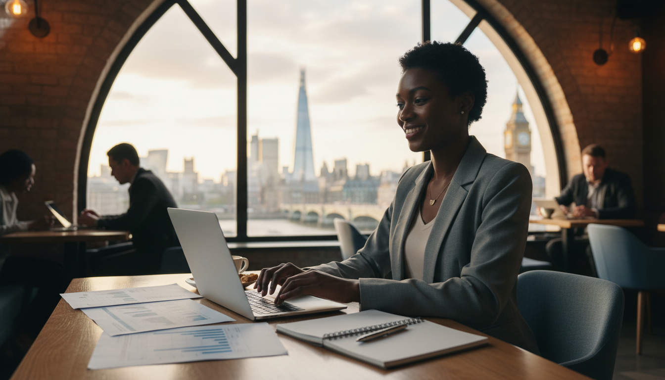 A photorealistic image of a diverse young entrepreneur smiling while working on a laptop in a modern coffee shop with a view of the London skyline, including the Shard and Big Ben, through the window. Warm lighting, professional yet casual atmosphere, showing business planning documents on the table.
