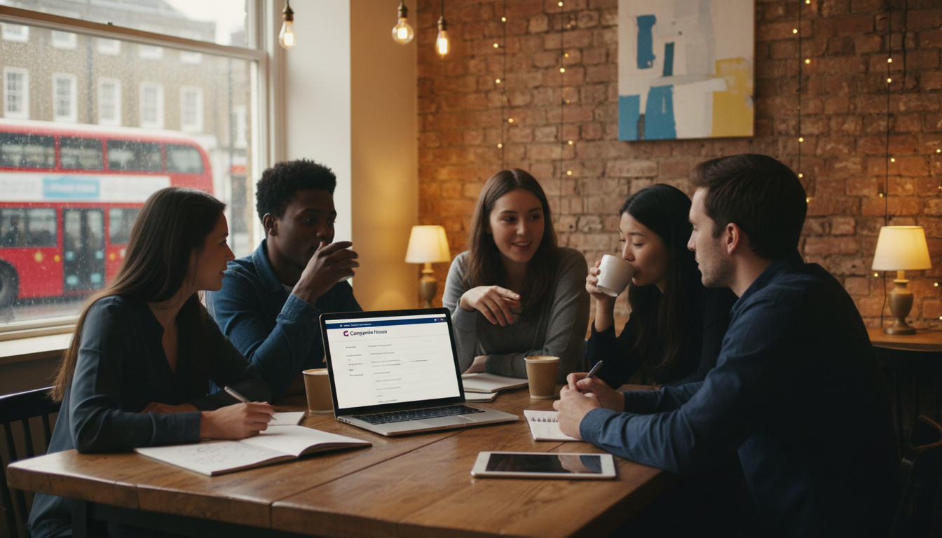A modern, diverse group of young professionals brainstorming in a cozy London coffee shop with brick walls, a laptop open showing a Companies House registration page, rain softly hitting the window, warm lighting, photorealistic 8k.